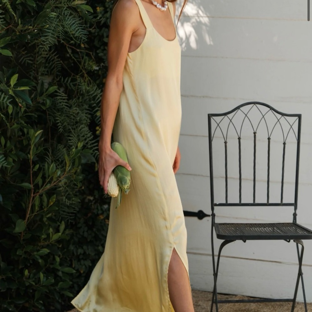DONNI. Butter Yellow Sleeveless Silk Cami Maxi Dress with Slit